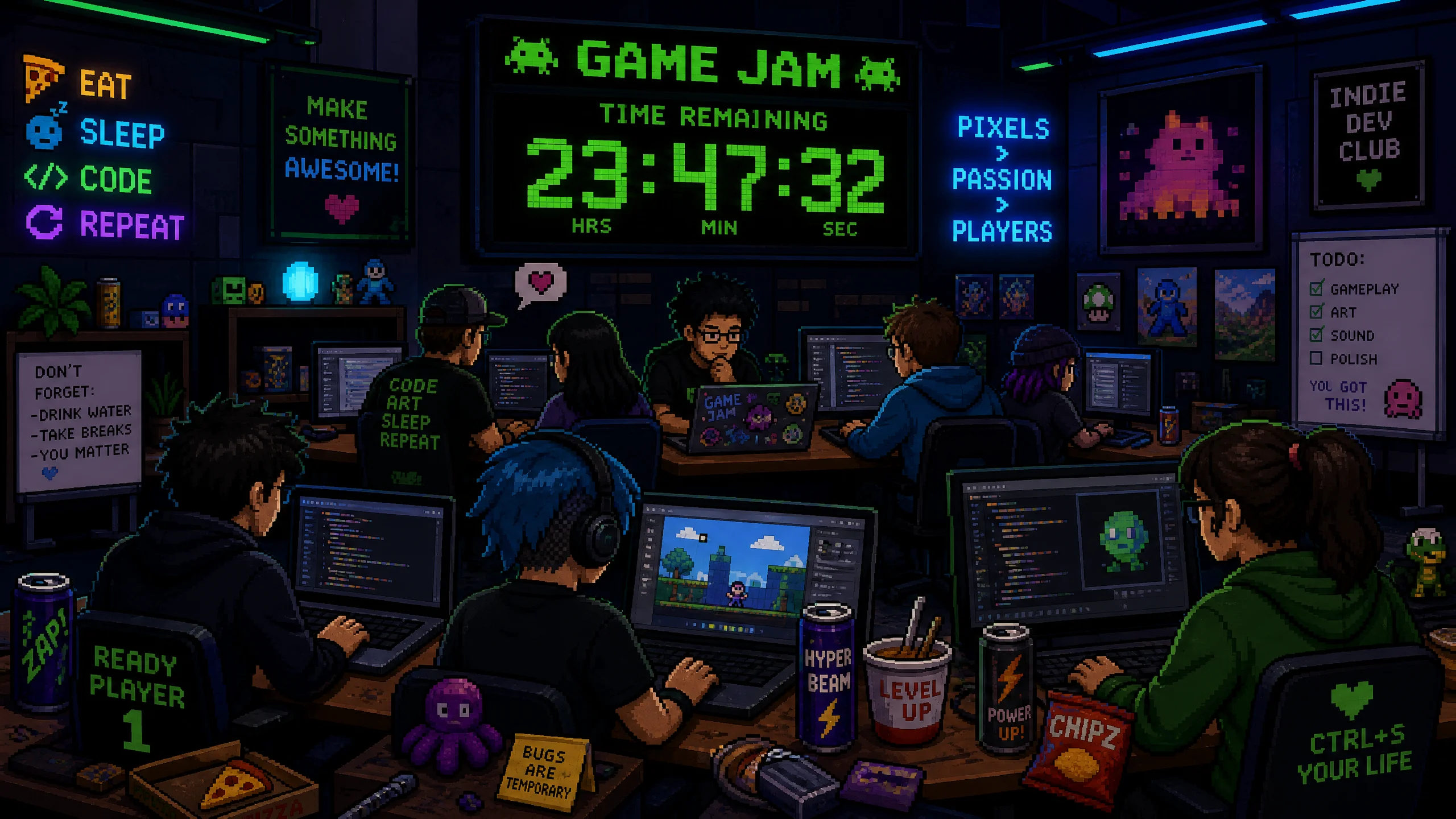 GameJ​am线下活动现场，开发者们在霓虹灯光下协作编程